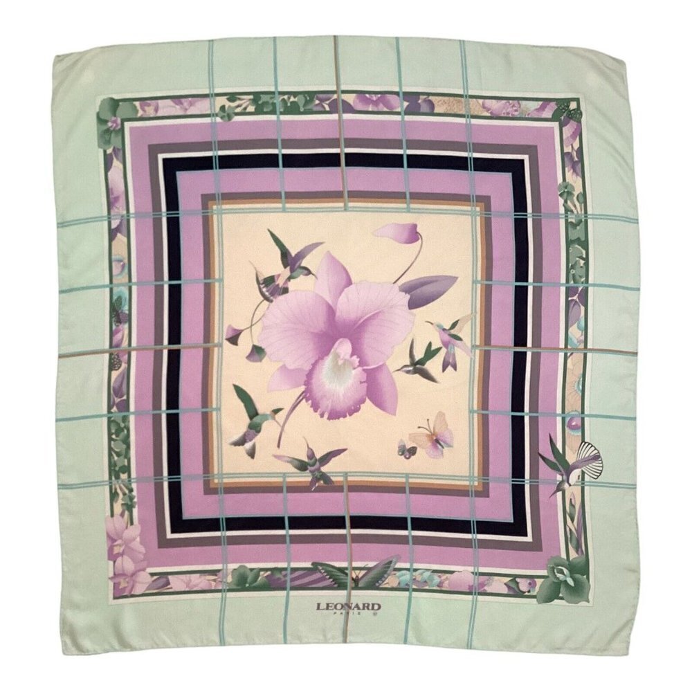 LÉONARD PARIS Purple Floral BIRD Print Scarf Silk Italy 34.5"-33.5" EX COND